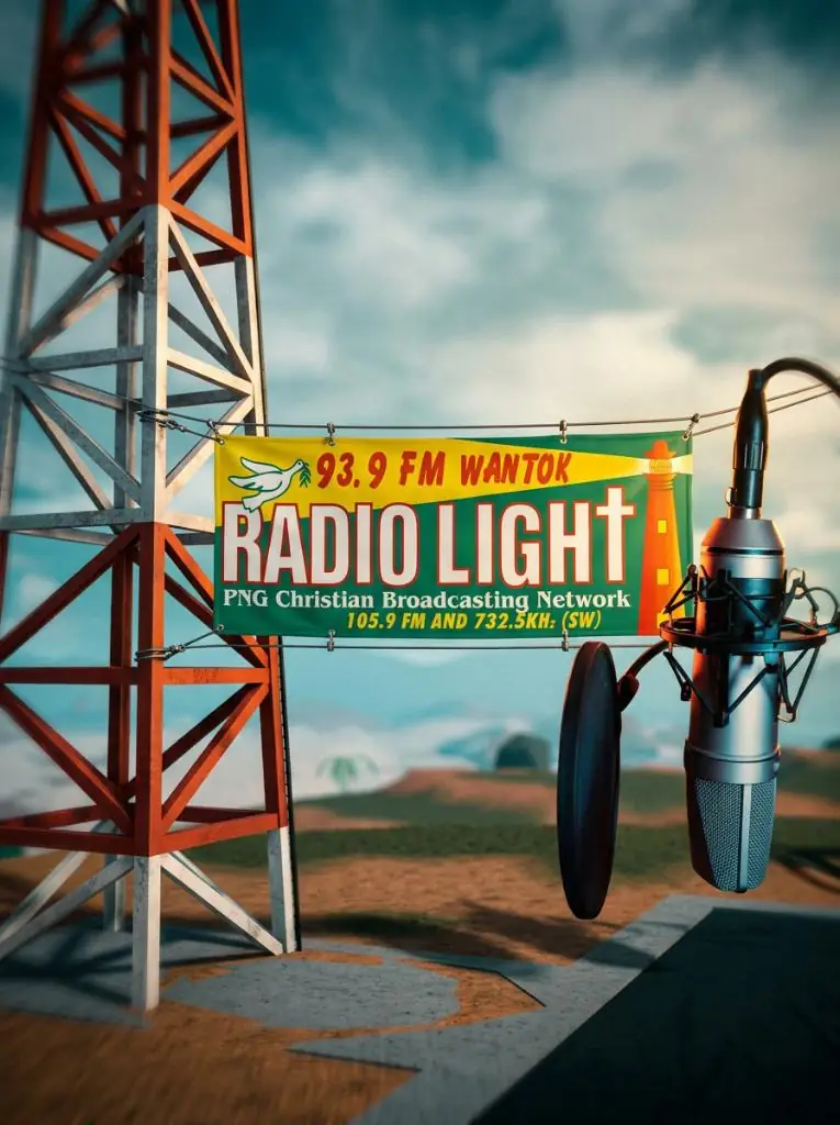 Radio Light banner beside a transmission tower and studio microphone